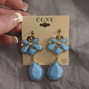 Aqua & Gold Floral Drop clip-on Earrings w/ rhinestones by cgny